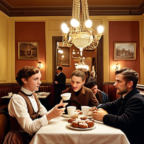 Home 11 **
"A cozy Viennese coffeehouse scene. People are chatting, reading newspapers, and enjoying "Melange" coffee and Sachertorte. Capture the historical atmosphere with vintage decor and warm lighting. Focus on the social and cultural significance of Viennese coffee culture."
**
