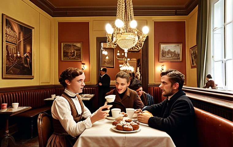 **
"A cozy Viennese coffeehouse scene. People are chatting, reading newspapers, and enjoying "Melange" coffee and Sachertorte. Capture the historical atmosphere with vintage decor and warm lighting. Focus on the social and cultural significance of Viennese coffee culture."
**